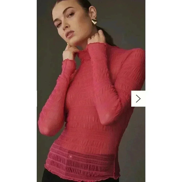 NWT Pilcro Anthropologie Smocked Mesh Turtleneck Top Pink Size Small - Picture 1 of 6